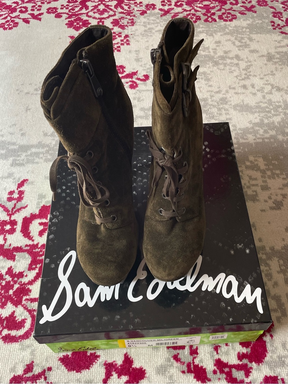 Sam Edelman Olive Green Suede Stiletto Lace-Up Boots with Side Zip